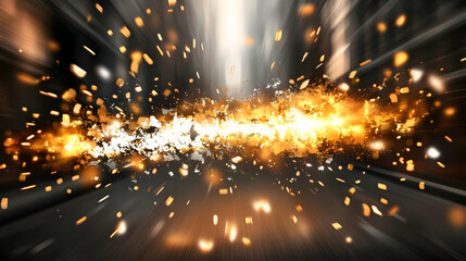 Abstract 3D Light Explosion with Gold & White Particles on Black Background