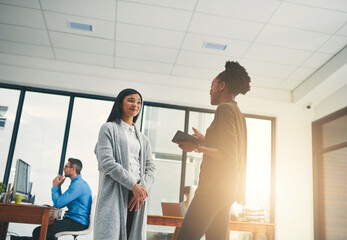 Business people, teamwork and women with tablet, mentor and planning with ideas, network or...