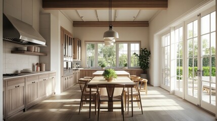 An elegant Scandifornian dining area next to a large open kitchen