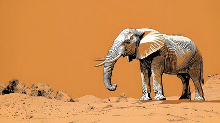 Fototapeta premium A Black and White Illustration of an Elephant Standing on a Desert Landscape with an Orange Background