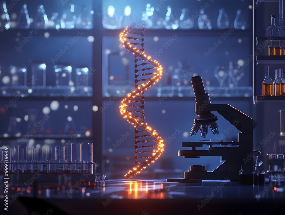 Poster DNA Model with Microscope in Laboratory Setting