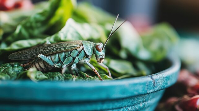 A green cricket is seen resting on a colorful bowl, set against a bright and vibrant background, highlighting the contrast between the insect and its surroundings.