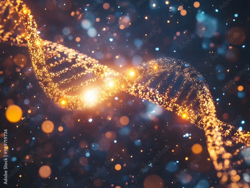 Poster Glowing DNA Double Helix with Particles in Space