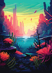 Fototapeta premium Vibrant Landscape with Lotus Flowers and Rock Formations Vector illustration for Tshirt design and Wallmate