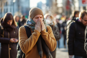 Crowds in the City Street During a Chilly Day as a Person Coughs, Potentially Spreading Illness Amid the Ongoing Covid-19 Pandemic