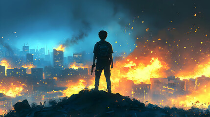Fototapeta premium A lone figure stands on a hill, watching as a city burns in the distance, flames post apocalyptic cityscape