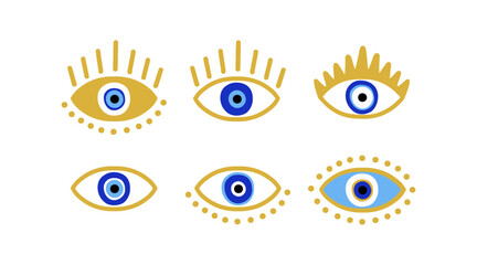 Mystical evil eyes. Set of boho hand draw icons. Modern talisman amulet design for a poster, sticker, home decor. Fabric textile print.
