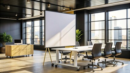 Large empty white wide whiteboard on wheels in a bright modern office space
