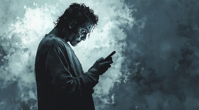 A dark illustration of a zombie staring intently at a mobile or cellphone, wide landscape aspect 128:71 with copy space blank, 