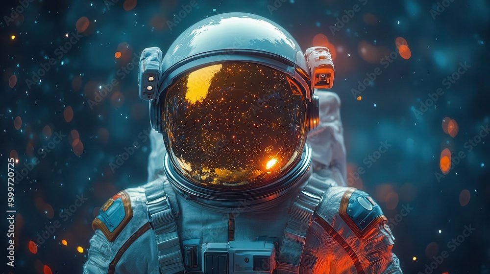 Wall mural futuristic astronaut in sleek spacesuit side profile view helmet reflecting cosmic wonders against s