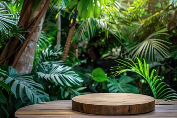 Fototapeta premium A simple wooden table with a plant in the background, great for interior design and home decor photoshoots