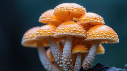 A cluster of vibrant orange mushrooms growing on a darkened forest floor, showcasing their delicate textures and vibrant color contrast against the natural backdrop.