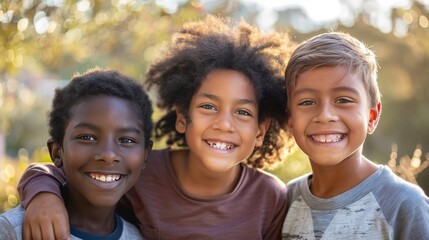 Fototapeta premium A portrait of three diverse children smiling together