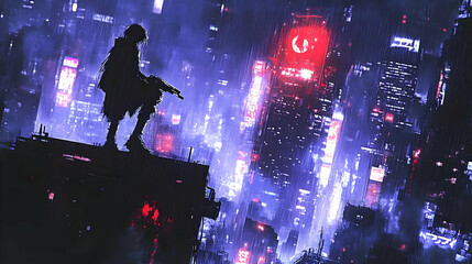 Cyberpunk City Rooftop Scene with Lone Figure and Neon Lights in Rain-Soaked Cityscape