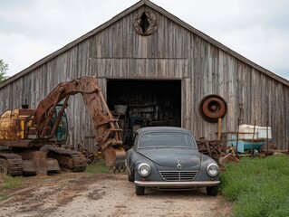 Fototapeta premium Barn, Excavator, Vintage Car.
