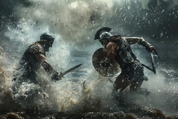 Naklejka premium Two men standing in the water, possibly enjoying a relaxing moment or taking a break