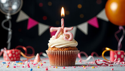 Birthday cupcake with burning lit candle with number 75. Number seventy-five for seventy-five years or seventy-fifth anniversary.