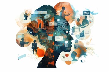 Portrait of a woman with multiple image projections on her face