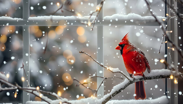 Red cardinal bird perched on snowy branch near window with holiday lights. Concept of winter scene, holiday season, Christmas, nature in winter