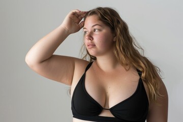 Fototapeta premium A woman wearing a black bikini top holds her hair up with one hand, possibly to style or dry it