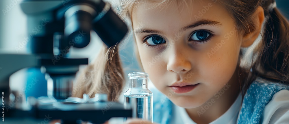 Poster young scientist engaged in microscope experiment