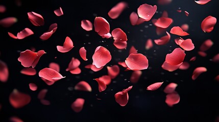 Rose petals falling gracefully against a dark black background, creating a romantic and delicate scene.
