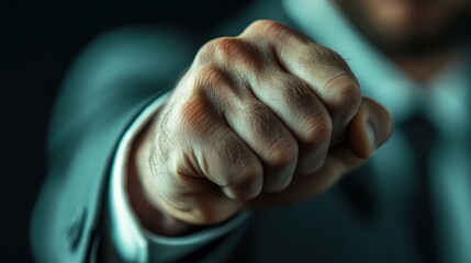 A powerful close-up image of a man's fist held out, emphasizing strength, determination, and confidence while wearing a formal business suit.