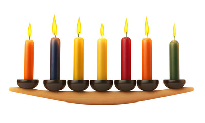 Kwanzaa Festival of unity and togetherness. Seven candles on menorah candleholder, Transparent background