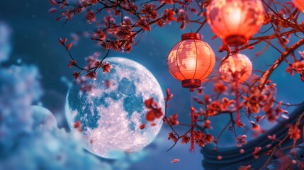Obraz premium A group of lanterns hang from a tree, illuminated by the light of a full moon
