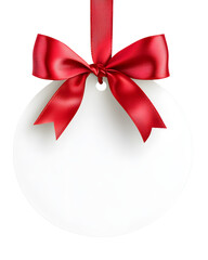 Blank white paper round christmas ball frame tag label card template hanging with shiny red ribbon and bow, transparent background
