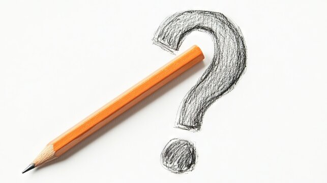 Pencil drawing of a question mark, lying pencil isolated white background