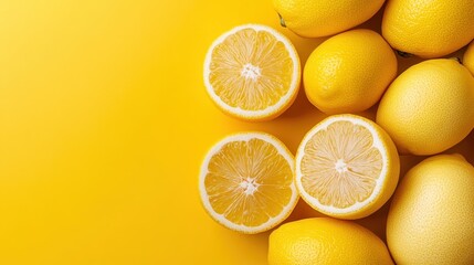 A close-up view of fresh whole lemons and a sliced lemon revealing its juicy segments, all set against a yellow backdrop emphasizing their vibrant color and freshness.
