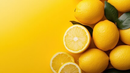 A collection of ripe whole and halved lemons is artfully displayed against a lively yellow backdrop, emphasizing their bright, citrusy appeal and freshness in a commercial setting.