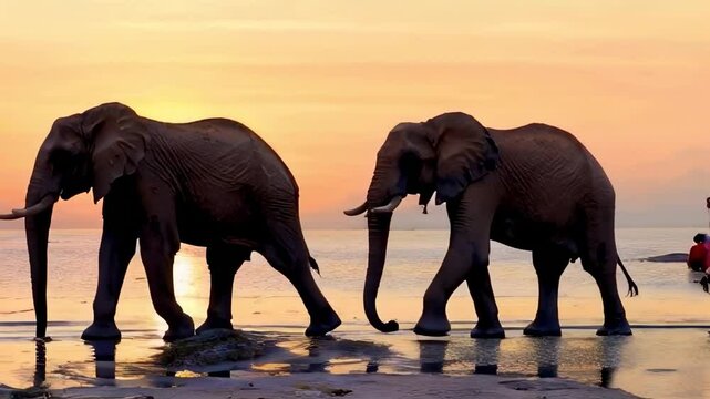 Stunning sunset scene of an elephant herd human handlers crossing the frame with a golden sunset reflecting.