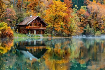 Fototapeta premium Cozy cabin situated on the shore of a serene lake with calm water and surrounding nature