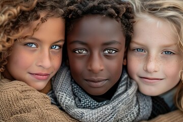 Obraz premium Closeup of three children, two girls and one boy from different ethnicities smiling at the camera