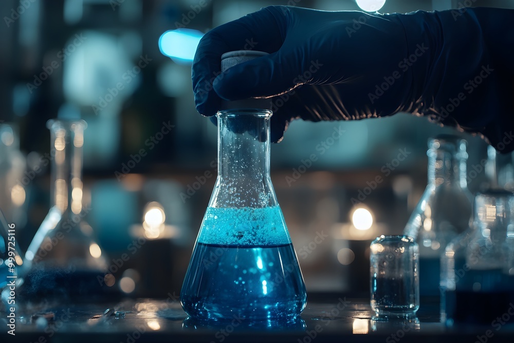 Poster Laboratory Experiment with Blue Liquid in Flask