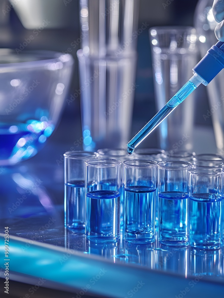Poster laboratory pipetting in blue liquid experiment