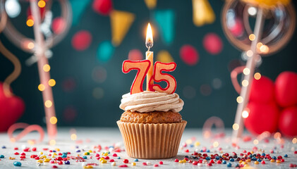 Birthday cupcake with burning lit candle with number 75. Number seventy-five for seventy-five years or seventy-fifth anniversary.