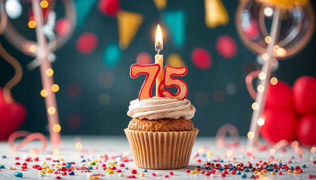 Birthday cupcake with burning lit candle with number 75. Number seventy-five for seventy-five years or seventy-fifth anniversary.