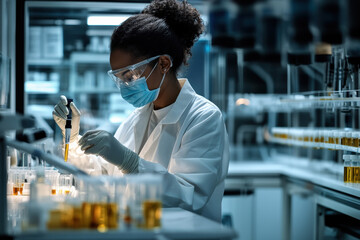 Candid black pharmaceutical lab specialist medicine vials & hospital samples African american female medical student working in science laboratory research PPE protective clothing DEI