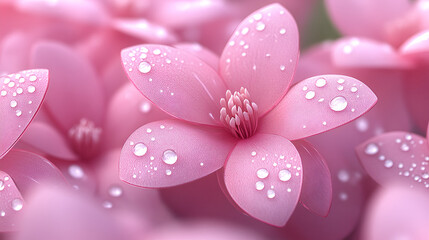 Fototapeta premium Delicate pink flowers adorned with raindrops in a soft-focus garden during springtime bloom