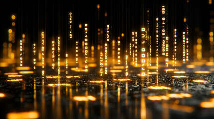 Obraz premium Illuminated binary code streams glowing against a dark background in a creative digital abstract representation