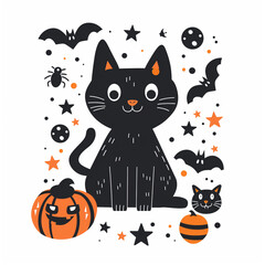 Adorable black cat surrounded by Halloween elements like bats, pumpkins, and stars, creating a fun and spooky vibe.
