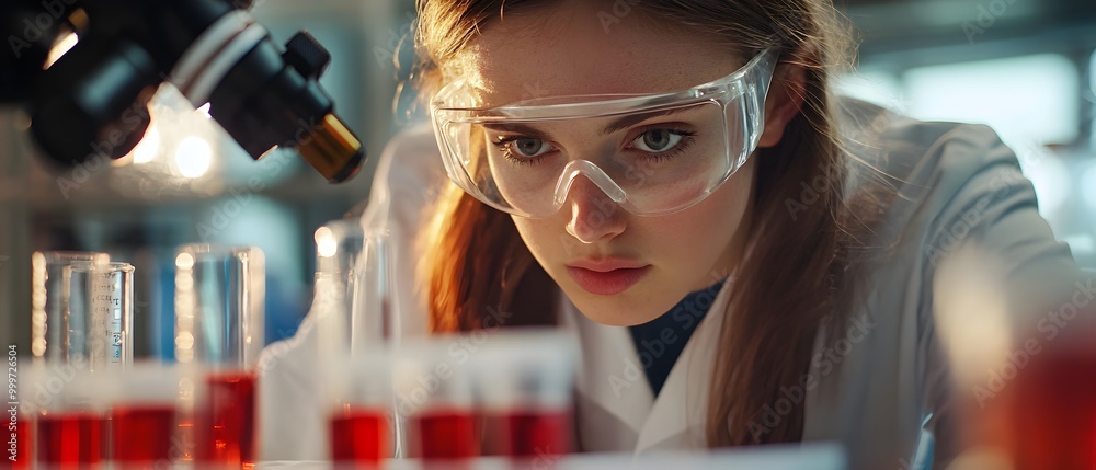 Poster young scientist examining samples in laboratory setting