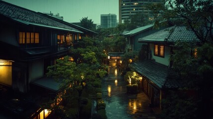 Obraz premium Serene Rainy Evening in a Traditional Japanese Neighborhood Amidst Urban Landscapes
