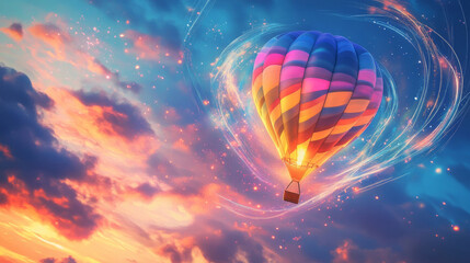 Obraz premium Colorful hot air balloon floating in a vibrant sunset sky, fantasy dream scape concept