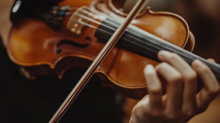 Close-up of a person's hand holding a violin with a bow.