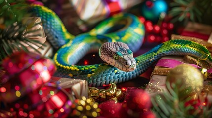 A beautiful, colorful snake crawls over Christmas gifts and tree decorations