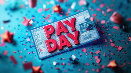 Pay Day is prominently displayed on colorful background filled with confetti and festive elements, creating celebratory atmosphere. This image captures excitement of receiving paycheck